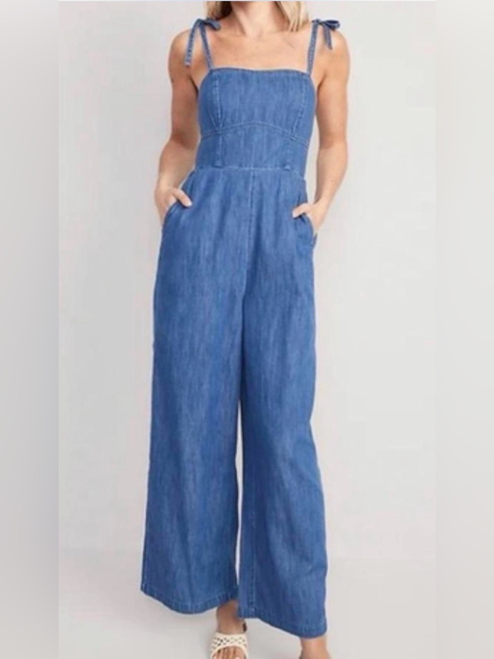 Old Navy Blue Wide-Leg Denim Jumpsuit string straps in size medium
